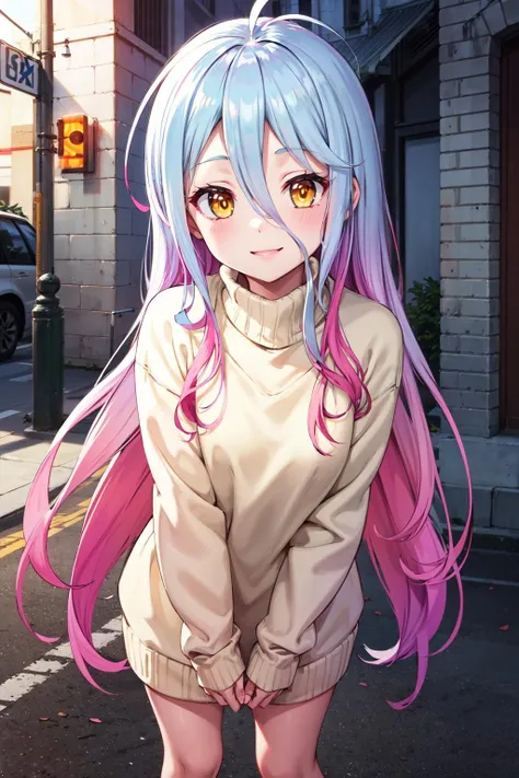 masterpiece,best quality,highres,ultra-detailed,shiro \(no game no life\),long hair,multicolored hair,hair between eyes,gradient hair,yellow eyes,<lora:shiro _(no game no life) :0.7>,(sweater:1.2),turtleneck,street,smile,standing,
