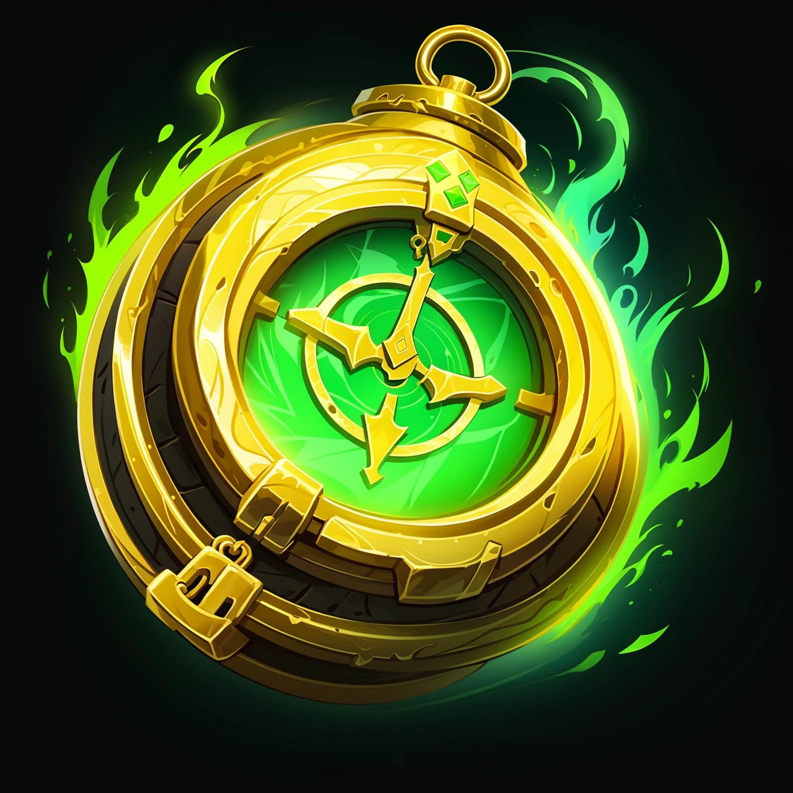 HEZI, game equipment items, ICONS, no humans, still life, green background, black background, gradient, gradient background, green theme, chain, simple background, gem, hourglass, glowing, fire, aura, dark background, gold,<lora:游æè£
å¤éå
·2-000007:0.7>,