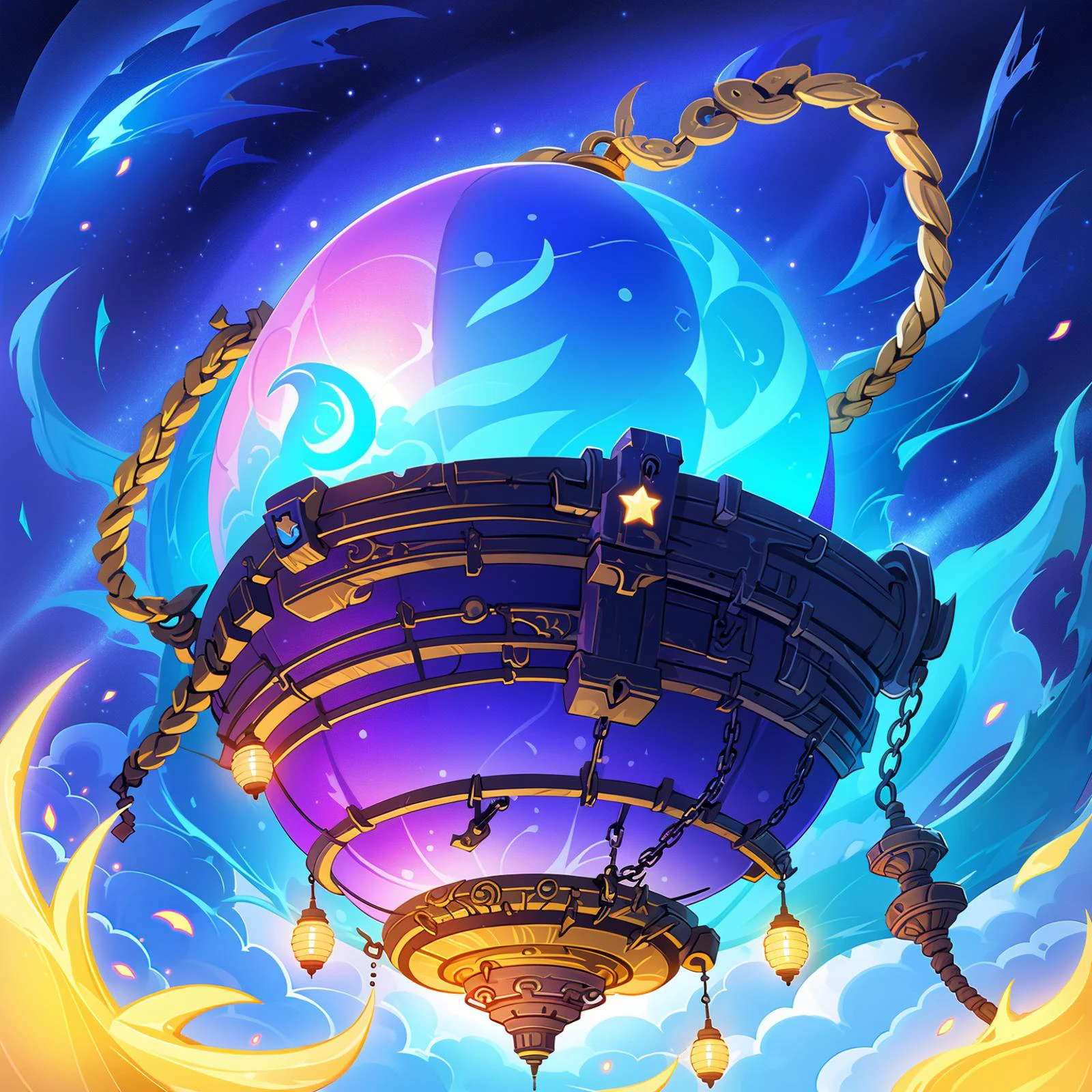HEZI, game equipment items, ICONS, no humans, still life, blue background, gradient, gradient background, rope, chain, crystal, star \(sky\), fire, light particles, sky, lantern, candle, hourglass, glowing, fantasy, gold, gears, airship<lora:游æè£
å¤éå
·2-000007:0.7>,