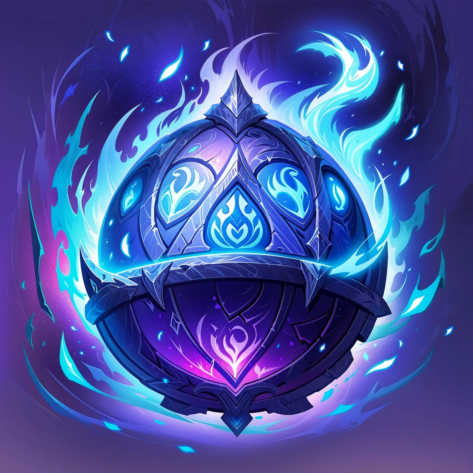 HEZI, game equipment items, ICONS, fire, no humans, solo, glowing, full body, flame, floating, armor, blue background, aura, helmet, petals, glowing eyes, looking at viewer, simple background, purple background, weapon, blue eyes, white eyes<lora:游æè£
å¤éå
·2-000007:0.7>,
