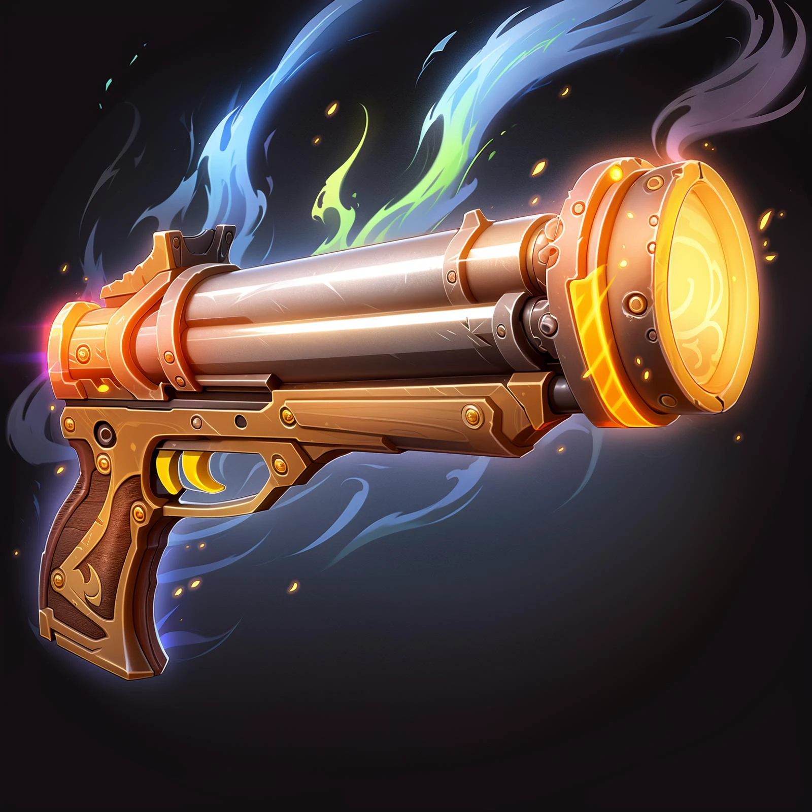 HEZI, game equipment items, ICONS, no humans, weapon, gun, glowing, black background, still life, simple background, handgun, light particles, revolver, gem, smoke, aura, glowing eyes, clenched hand, shiny, gauntlets, from side, gradient, solo, gradient background, artist name<lora:游æè£
å¤éå
·2-000007:0.7>,