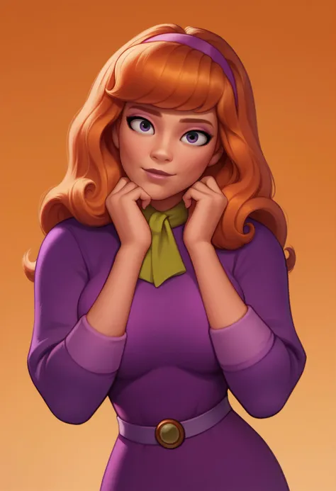 score_9, score_7_up, <lora:shadmanreal-guy-PONY-DORAv1:1>, 1girl, solo, daphne ann blake, portrait, orange background, gradient background, breasts, long sleeves, purple dress, head tilt, looking at viewer