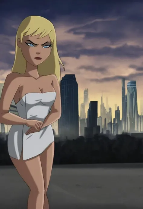Supergirl, DC Comics, blonde hair, light blue eyes, wearing a towel, cleavage, flying