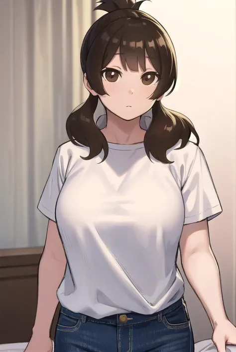 yuiashiro, <lora:yui ashiro-lora-nochekaiser:1>,
yui ashiro, bangs, blunt bangs, brown hair, (brown eyes:1.7), medium hair, ponytail,
BREAK shirt, pants, t-shirt, (white shirt:1.5),
BREAK indoors, bed,
BREAK looking at viewer, (cowboy shot:1.5),
BREAK <lyco:GoodHands-beta2:1>, (masterpiece:1.2), best quality, high resolution, unity 8k wallpaper, (illustration:0.8), (beautiful detailed eyes:1.6), extremely detailed face, perfect lighting, extremely detailed CG, (perfect hands, perfect anatomy),