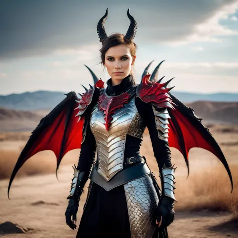(Glamour photography:1.3) photo of a humanoid gorgeous russian young woman black dragon hybrid creature, hazel eyes <lora:PerfectEyesXL:1.0> perfecteyes,  highly detailed,  natural tatoo skin, big dark horns, (wearing silver gothic armour), (with red dragon wings), upper body framing from waist , with soft light, on a wasteland on the background, (from a low angle:1.2), shot on a Lumix GH5, with a( dreamy haze filter:1.3), in the style of (Oskar Fischinger:1.2), 8k, 4k, ultrarealistic, realistic, textured skin, (masterpiece)