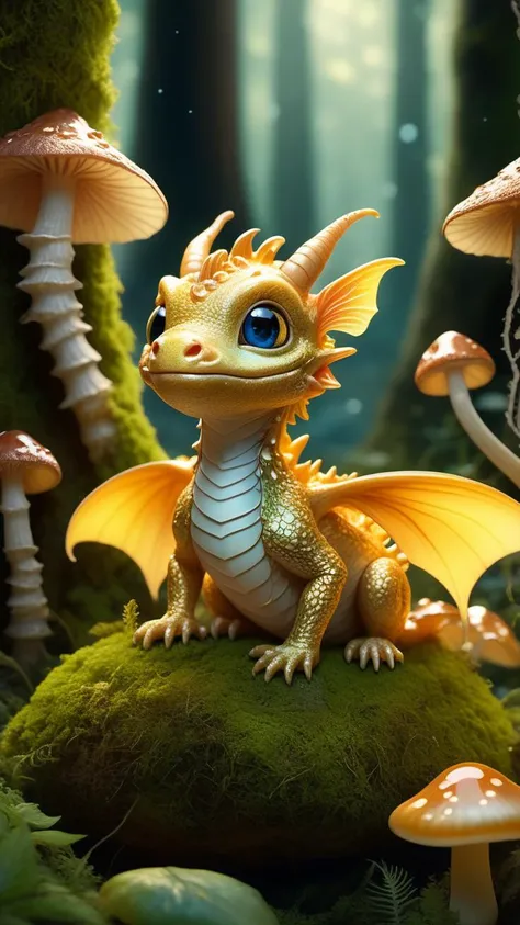 Cinematic, ultra-detailed 8k capture of a cherubic dragon nestled amidst a bed of luminescent mushrooms. Its iridescent scales shimmer in the dappled sunlight filtering through ancient, moss-covered trees. Tiny wings flutter with curiosity, while its large, round eyes, filled with wonder, gaze upwards at floating spores that resemble golden fireflies. A gentle curl of smoke rises from its snout, hinting at its fiery lineage, while its playful tail wraps around a nearby crystal, causing it to glow with a soft, magical light. The backdrop is an ethereal, enchanted forest, alive with the whispers of other fantastical creatures, creating a scene straight out of a fairy tale