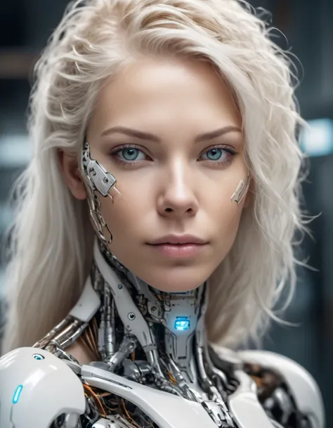 close up portrait of beautiful cyborg with white flaxen hair, intricate, elegant, highly detailed, 8k uhd hdr, majestic, digital photography, soft natural lighting, detailed skin texture,