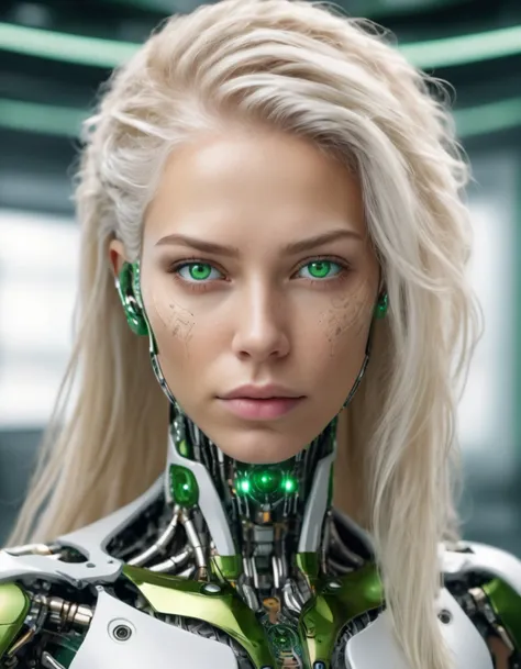 close up portrait of beautiful cyborg with white flaxen hair, intricate, green eyes, elegant, highly detailed, 8k uhd hdr, majestic, digital photography, soft natural lighting, detailed skin texture,
