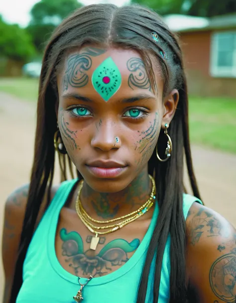portrait of young african girl,age 21,face tattoos,cyan eyes,rainbo long hair,35mm lens,photography,by diegocr,ultra details