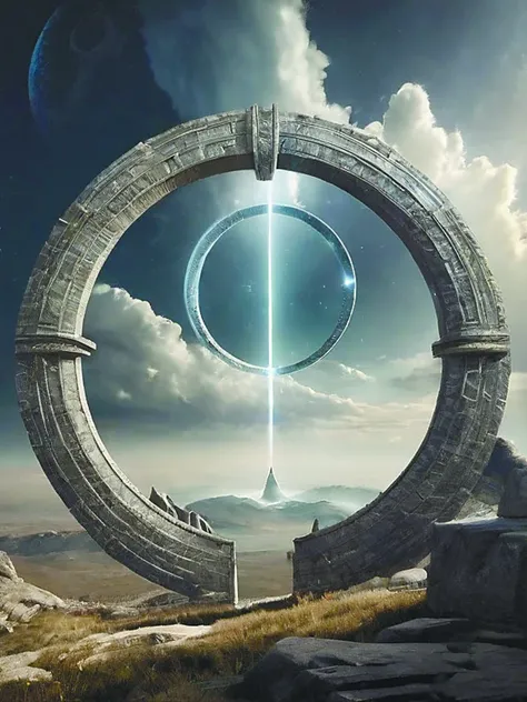 stargate made of stone that form a circle,cinematic view,epic sky highly detailed a ring of twelve moons,by diegocr,cloudy