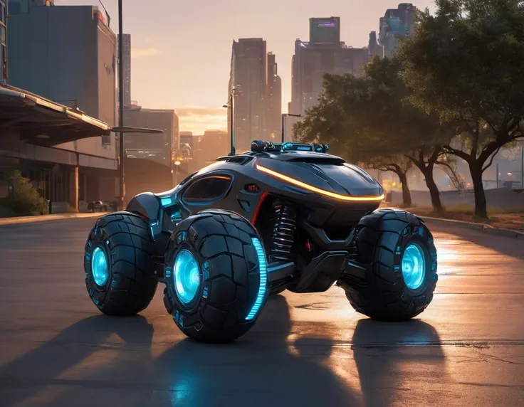 a 3/4 front view of ((futuristic cyberpunk badass ho-trod)) (with glowing tires), at the parking lot