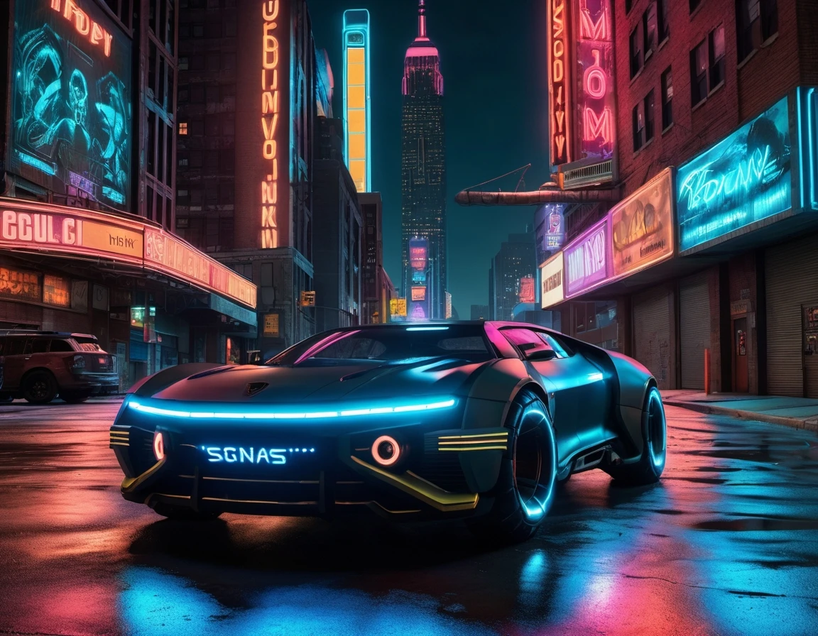a 3/4 front view of ((futuristic cyberpunk badass)) (with glowing tires), at the parking lot,front pop up headlights, science fiction, sci-fi scenario, (night), natural light, Manhattan city, neon signs, (highly detailed), multiple buildings in the background, detailed textures, wide angle, 8k, HDR, professional photo shoot, high quality photo, realistic photo, realistic shadows, detailed shadows, realistic proportions, realistic floor reflections