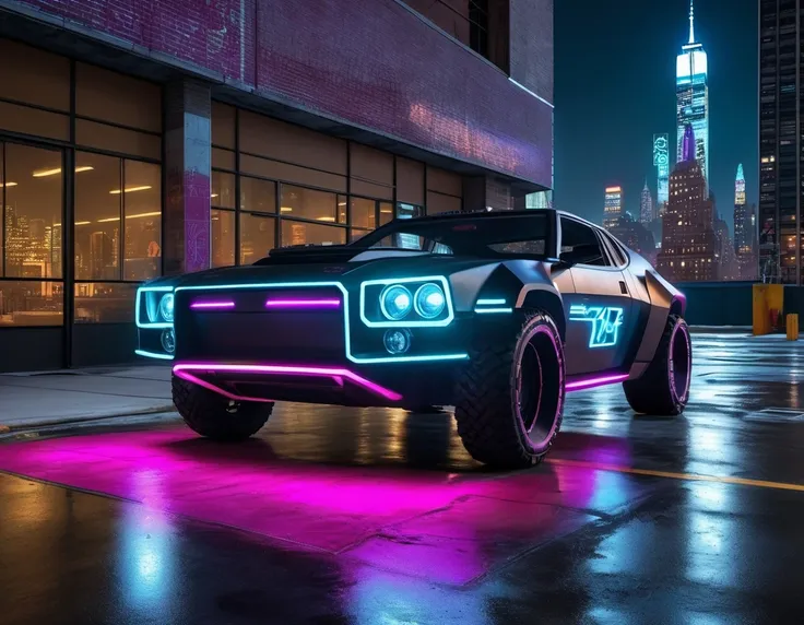 a 3/4 front view of ((futuristic cyberpunk badass)) (with glowing tires), at the parking lot,front pop up headlights, science fiction, sci-fi scenario, (night), natural light, Manhattan city, new york, urban, underground pedestrian, neon signs, (highly detailed), multiple buildings in the background, detailed textures, wide angle, 8k, HDR, professional photo shoot, high quality photo, realistic photo, realistic shadows, detailed shadows, realistic proportions, realistic floor reflections