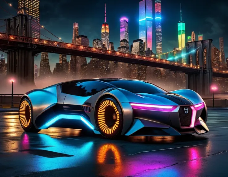 a 3/4 front view of ((futuristic cyberpunk badass)) (with glowing tires) concept car, at the parking lot, front pop up headlights, science fiction, sci-fi scenario, (night), natural light, Manhattan city, new york, urban, underground, neon signs, (highly detailed), multiple buildings in the background, detailed textures, wide angle, 8k, HDR, professional photo shoot, high quality photo, realistic photo, realistic shadows, detailed shadows, realistic proportions, realistic floor reflections