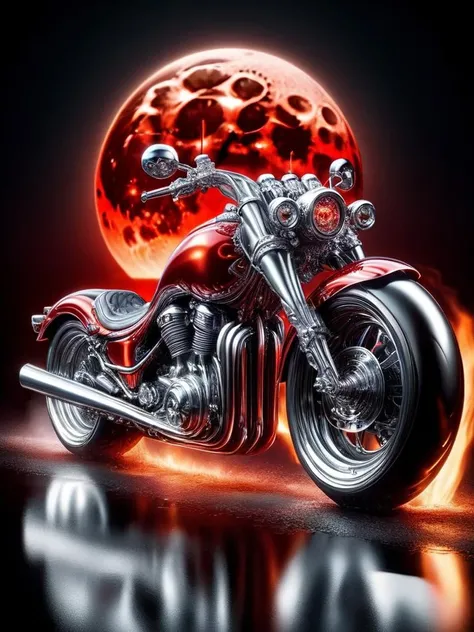 ral-chrome, motorcycle, with red hot exhaust, skeleton with chrome gear riding the bike, burnout with flames on the road, at night, red full moon background <lora:ral-chrome-sdxl:1>