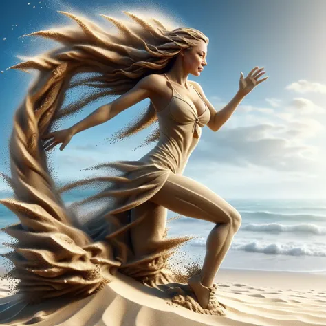 4k, realistic, beautiful, score_9, score_8_up, score_7_up, close up, cinematic photo, <lora:ral-sand-sdxl:1>, sharp focus, air fantasy concept art of beautiful sexy woman made of ral sand disappearing to the right, ral-dissolve, half-decayed body, falling apart, half-dissolving, sand particle effects, windy, gorgeous, picturesque, epic, sunlight reflecting off sand crystals, ocean in the background,