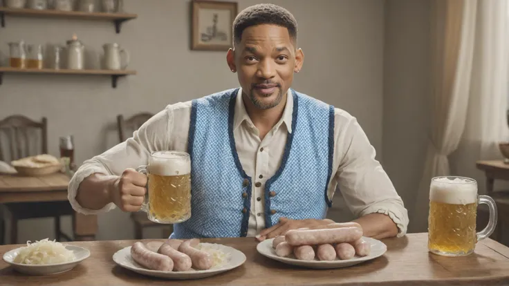Will Smith eating white sausage (Weißwurst) with mad-srkrt Sauerkraut, wearing a traditional dress (Dirndl), holding a beer mugs (Steins), blue and white checkered cloth on the table <lora:Sauerkraut_SDXL:0.8>