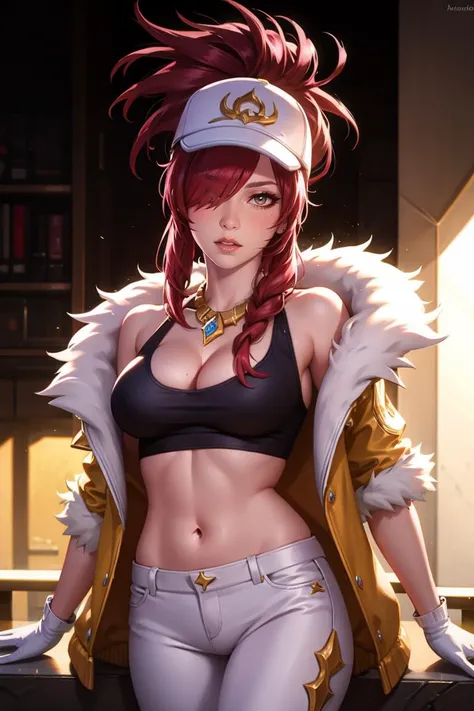 (((Akali kda reputation,pony tails,red hair clothes, choker necklace, awas, cosmetics, hooded, Black cropped top, fur-trim, jaket, mitts, black trouser suit, K/, (league of legend), cropped shoulders,S-shaped body:1.7))),((tmasterpiece)),A high resolution, ((Best quality at best)),tmasterpiece,quality,Best quality,((( exquisite facial features,looking at viewert,There is light in the eyes,Smilingly,Self-confident ))),(((Light and shadow interlace,humongous large breast))),(((1 Sister, dynamicposes, 1 girl, (complete figure:0.9), own,Human body silhouette, ((good body)),the girl poses for a photo,24 years old female model,perfect foot、Have perfect arms behind your back,plum))))
