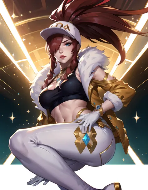 <lora:Akali_KDA_Prestige:0.7>, Akali kda prestige, 1girl, solo, long hair, breasts, jewelry, medium breasts, ponytail, red hair, necklace, hair over one eye, lips, makeup, white headwear, crop black top, fur trim, jacket, white gloves, white tight pants, k/da (league of legends)