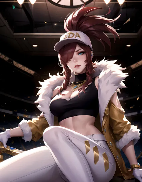 <lora:Akali_KDA_Prestige:0.65>, Akali kda prestige, 1girl, solo, long hair, breasts, looking at viewer, jewelry, medium breasts, red hair, necklace, hair over one eye, lips, makeup, white headwear, upper body, epic light, crop top, fur trim, jacket, concert hall, sitting, white gloves, white pants, tight pants, k/da (league of legends)