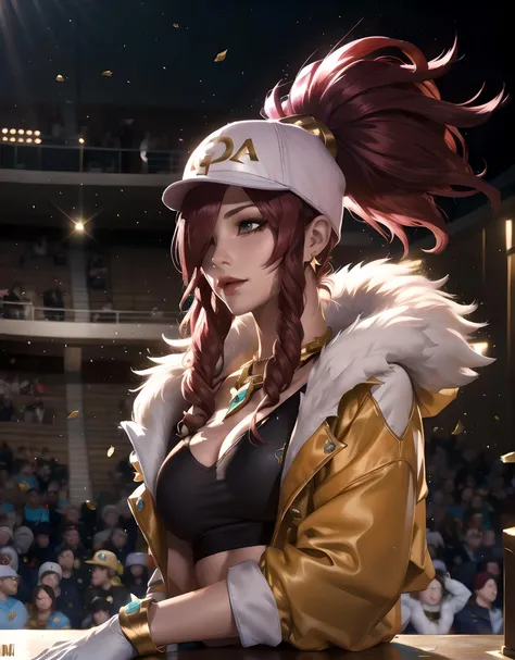 <lora:Akali_KDA_Prestige:0.65>, Akali kda prestige, 1girl, solo, long hair, breasts, jewelry, medium breasts, ponytail,red hair, necklace, hair over one eye, lips, makeup, white headwear, upper body, epic light, crop black top, fur trim, jacket, concert hall, white gloves, white tight pants, k/da (league of legends), standing, wave hand, looking away, smile