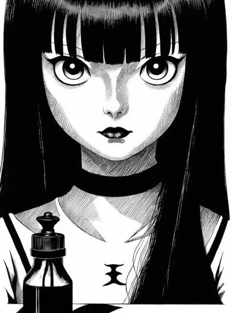 Junji Ito's manga Wednesday Addams, bottle of poison, volumetric lighting, horror theme, intense, stylish, high contrast, 8k resolution, ultra sharp, Kubrickian, rule of thirds, in the style of Tomie, ink and charcoal drawing, brushpen