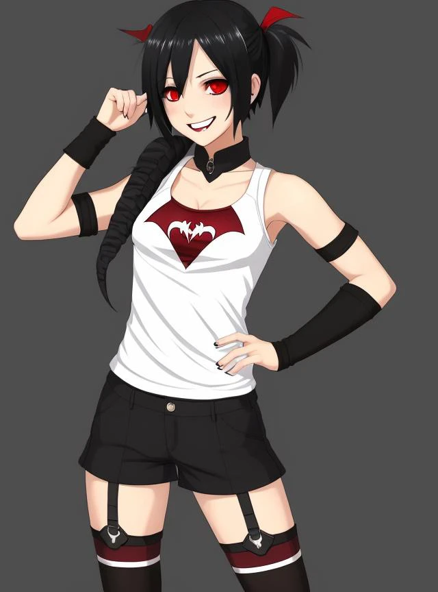 vampire, casual clothes, has short black hair, very detailed, short pants, grin, female, full body, tight knee socks, is wearing tank top, symmetrical eyes