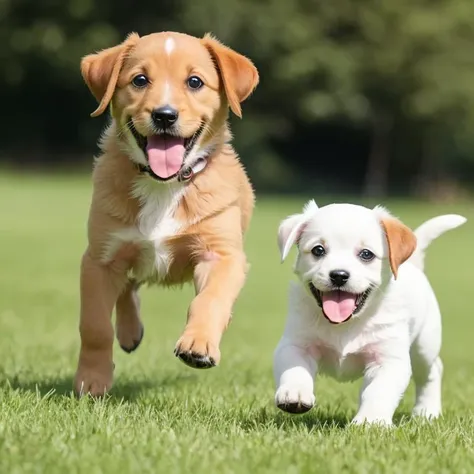 e.g. cute puppy on grass running and playing with human