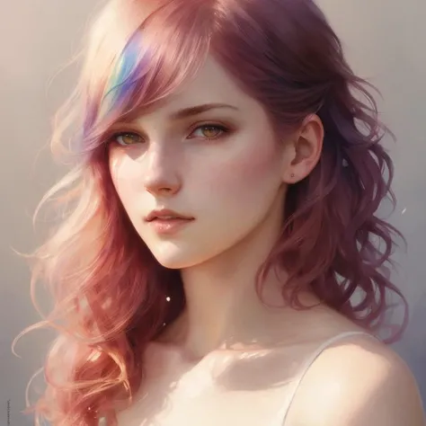 Daniel f gerhartz, Akihiko Yoshida, Anna Dittmann Tetsuya Nomura Tom Bagshaw | colorful ink illustration | symmetrical facial features, accurate anatomy, soft lighting, warm lighting, hyper-detailed, sharp focus, intricate | young swedish woman with light rainbow hair | lightsunset