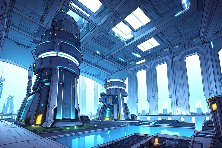 Research base, science fiction theme, mechanical design, scenery, science fiction, no humans,<lora:Science fiction theme:0.7>,