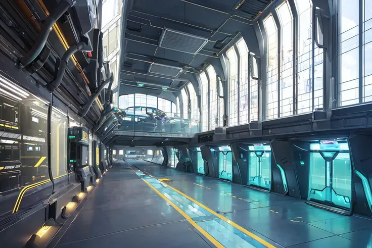 Research base, science fiction theme, mechanical design, ground vehicles, passages, overhead views, glass windows,<lora:Science fiction theme:0.7>,