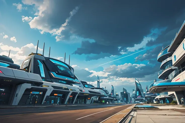 Future city, science fiction theme, high-tech era, scenery, cloud, no humans, sky, outdoors, building, cloudy sky, ground vehicle,<lora:Science fiction theme:0.8>