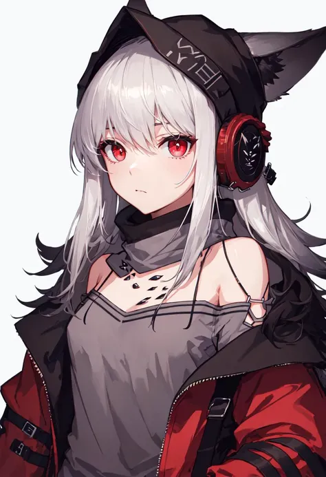 best quality, masterpiece, highres, solo, (frostleaf_arknights:1.10), 1girl, off-shoulder shirt, bare shoulders, beanie, grey shirt, upper body, closed mouth, looking at viewer, red jacket, simple background, oripathy lesion (arknights), white background, open jacket, long sleeves, 2 <lora:frostleaf_arknights:0.80>