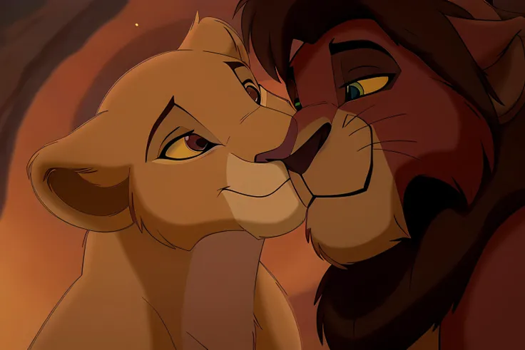 high detail, cinematic light, (masterpiece), <lora:Kiaraandkovu:0.75>,  Kiara_tlk, Kovu_tlk, lion, lioness, kissing