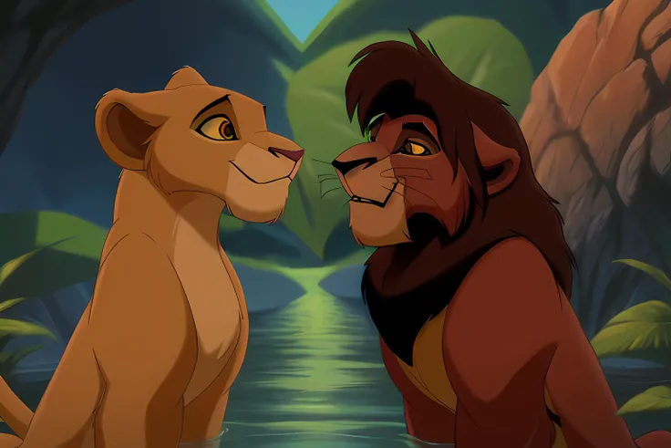 high detail, cinematic light, (masterpiece), <lora:Kiaraandkovu:0.7>, (Kiara_tlk Kovu_tlk in Upendi Heart), river, two lions sitting on green giant heart