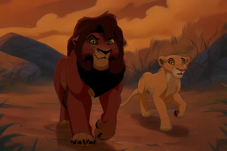 high detail, cinematic light, (masterpiece), <lora:Kiaraandkovu:0.9>, (Kiara_tlk), (Kovu_tlk), 1 lion, 1 lioness, running