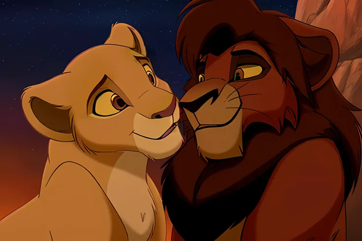 high detail, cinematic light, (masterpiece), <lora:Kiaraandkovu:0.7>, Kiara_tlk, Kovu_tlk, lion, lioness, cute, romantic