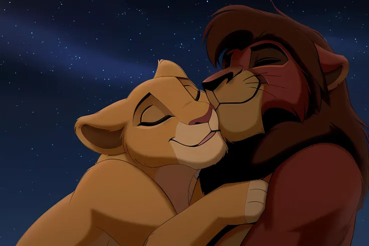 high detail, cinematic light, (masterpiece), <lora:Kiaraandkovu:0.7>, Kiara_tlk Kovu_tlk cuddling, ((eyes open)), sky, stars, cute