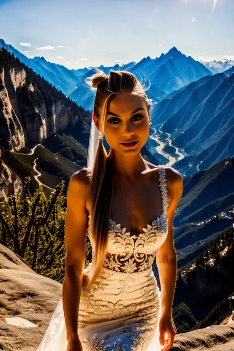 portrait photo of beautiful woman hair pigtails,(bride dress), (mountain backdrop) (masterpiece) (best quality) (detailed) (8k) (HDR) (wallpaper) (cinematic lighting) (sharp focus) (intricate) <lora:NancyAce:1>