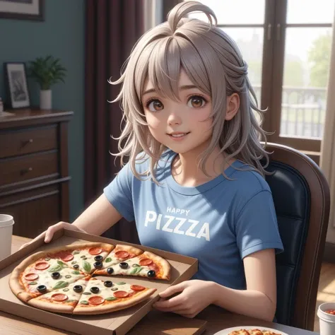 (masterpiece:1.2, best quality:1.1, highres,absurdres, high quality),(photorealistic:1.1),reflected light, colorful,ultra-detailed,8k, ultra hd, super detailed,
mahiro, oyama,oyama mahiro, young,antenna hair,brown eyes,messy hair, light gray hair,sfw, tshirt, shorts, sitting, pizza box, hold pizza slice, dinner room, sitting on chair, table, happy, cowboy shot,
<lora:mahiro_xl_rev2:0.7> <lora:add-detail-xl:0.5> <lora:fix_hands:1>