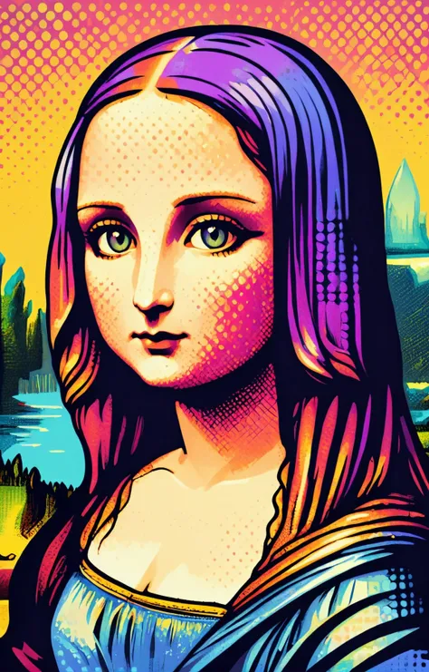 pop art style, the mona lisa, colorful <lora:pop_art_style:0.6>, small halftone dot shading, godrays, geometric gradients