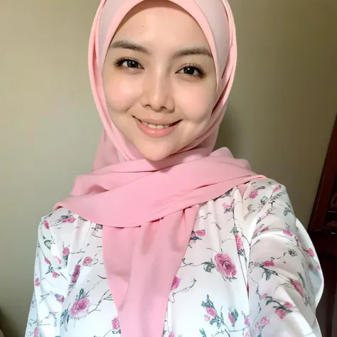 (masterpiece), (high quality, best quality, realistic, expressive eyes), looking at viewer, (upper body), bedrooms, 1girl, beautiful girl, (pink hijab:1.1, print hijab, white dress:1.1), selfie, smile <lora:Mira_Filza:0.8>