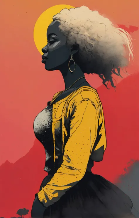<lora:CuteLora:0.6> (from the side:1.4) of a statuesque Mozambican woman with a small smile (curvy and busty:1.3) standing, simple background, small halftone dot shading, god rays, [[[drip]]], ink wash, spray paint, red sky yellow sun. Conrad Roset, digital painting, pop surrealism, synthwave style <lora:Wake_Up_sdxl:0.75> <lora:Graphic_Portrait:0.25>
