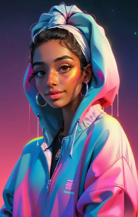 hip-hop theme, <lora:CuteLora:1> medium shot of a stunning Emirati woman with a shy smile wearing an oversized baggy tracksuit, Conrad Roset, synthwave style, space art, the drip drip, the bling bling, the skrrrt skrrrt