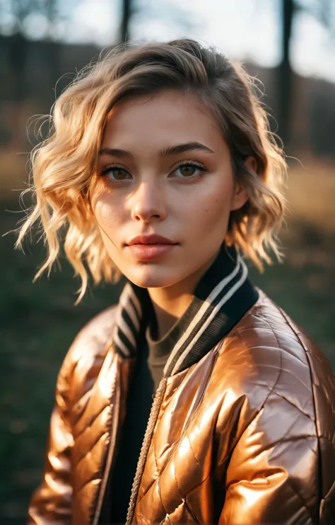 mesmerizing (artistic aesthetic candid cinematography:1.1) shot of polaroid optical refractive macrophotograph of dark and moody portrait, <lora:CuteLora:0.8> beautiful ukrainian woman, amber eyes, copper fishtail braid, with (puffy eyes:1.2) wearing Quilted bomber jacket in a glossy finish with statement-making hardware in a warm cozy interior (in style of Ellen von Unwerth:1.1), (side view:1.1), realistic shiny eyes, with a smug smile, sunrise natural soft light, ultra-realistic, ((swirly bokeh:1.2), (Kodak Portra 400:0.8):1.1), (epic surreal, rim lighting, low key light:1.1), remarkable masterpiece, celestial, ethereal, epic, magical light flares, natural soft dreamy lighting, ((warm-yellow and deep-carbon:0.7), (cinematic look:1.15):1.15)
