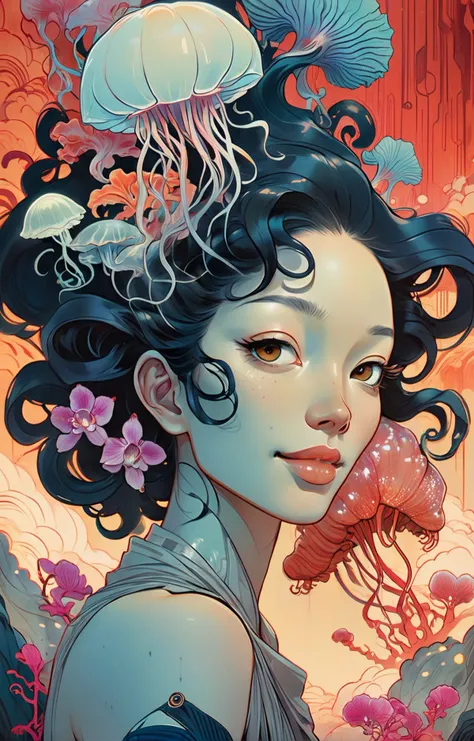 <lora:CuteLora:0.8> (vibrant cyberpunk-hued colors:1.4), dark and moody, (Victo Ngai inspired head and shoulders shot, ink wash, toon rendering of a beautiful Costa Rican woman smiling, colorful background with orchids and jellyfish) by Anita Bathe, Phil Lashio, Seymour Buttz, Wilma Dickfit, epic clouds, Unreal Engine, octane rendering, high quality, high resolution, high precision, realistic, color correction, good lighting settings, low noise, sharp edges, harmonious composition, award-winning work, surrealism, dark art by james jean and takato yamamoto