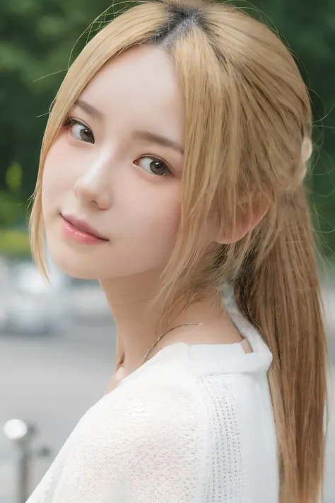 1girl,blonde hair,blurry,blurry background,closed mouth,depth of field,forehead,lips,long hair,looking at viewer,realistic,solo,<lora:Little_Fox:0.7>,