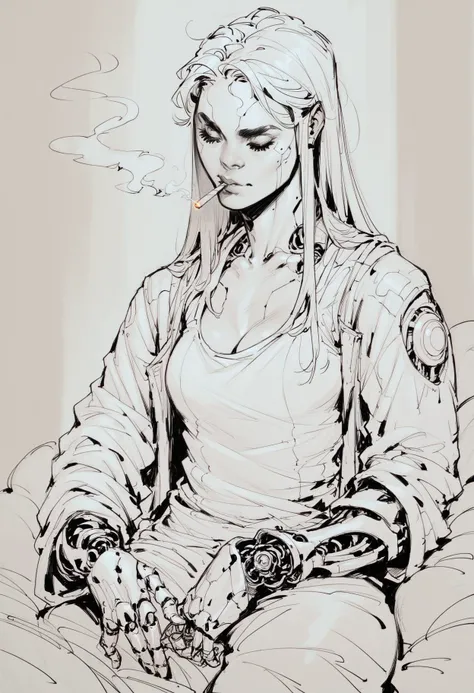 (score_9_up, score_8_up:1.2), score_7_up, holding a lit cigarette, cyborg girl, w3ssb3ch3r, sketch, pencil drawing, 2d, long hairt, white backround, <lora:Cyborg_Girl_-_Leotard:0.3>, <lora:w3ssb3ch3rXLP:1>