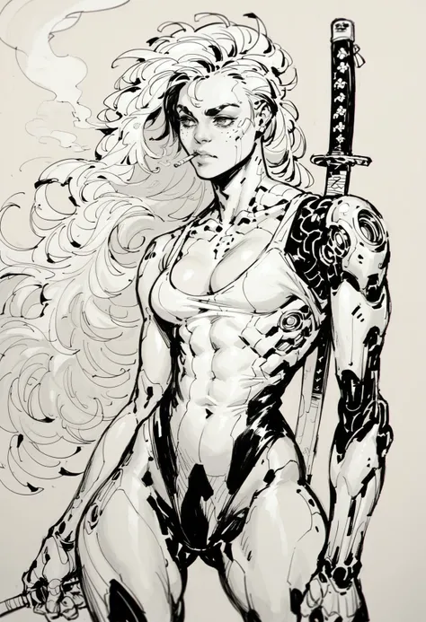 (score_9_up, score_8_up:1.2), score_7_up, (lit cigarette), holding katana, cyborg girl, w3ssb3ch3r, leotard, sketch, pencil drawing, 2d, long hair, black and white, white backround, <lora:Cyborg_Girl_-_Leotard:0.3>, <lora:w3ssb3ch3rXLP:1>