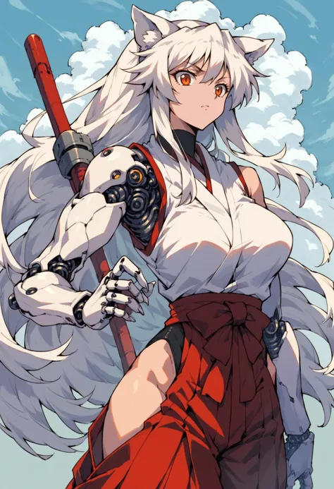 (score_9_up, score_8_up:1.2), score_7_up, cyborg girl, 1nu, curvaceous, wolf ears, hakama, large breasts, art by Rumiko Takahashi, <lora:Cyborg_Girl_-_Leotard:0.3>, <lora:1nuXLP:0.8>